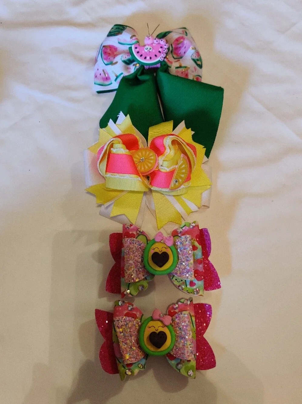 Kids Fruit-Themed Hair Bow Set in Pink, Yellow & Green